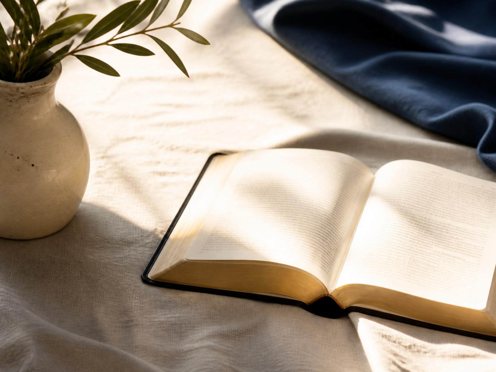 Biblia abierta iluminada por la luz cálida de la mañana